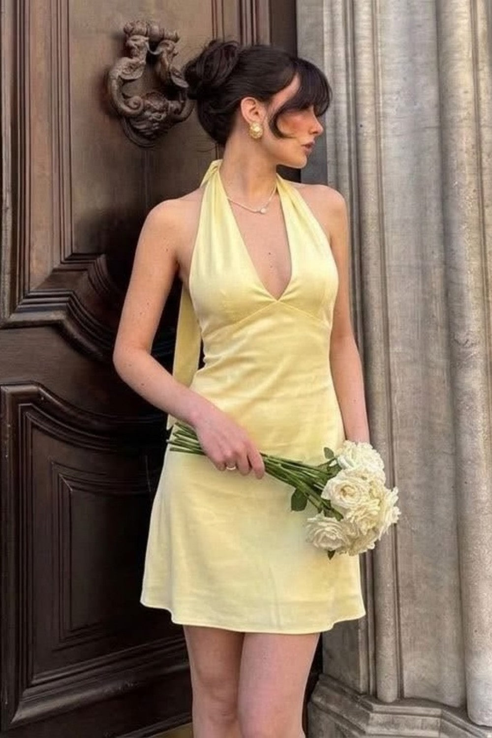 Elegant Soft Yellow Satin Halter Ruched A-Line Short Homecoming Dress