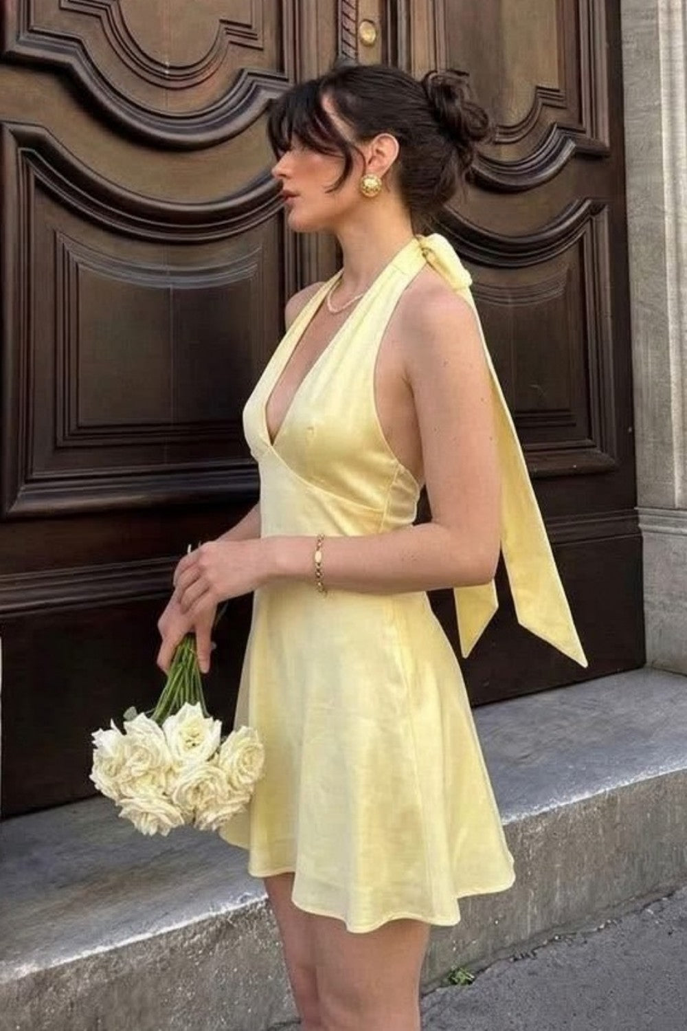 Elegant Soft Yellow Satin Halter Ruched A-Line Short Homecoming Dress