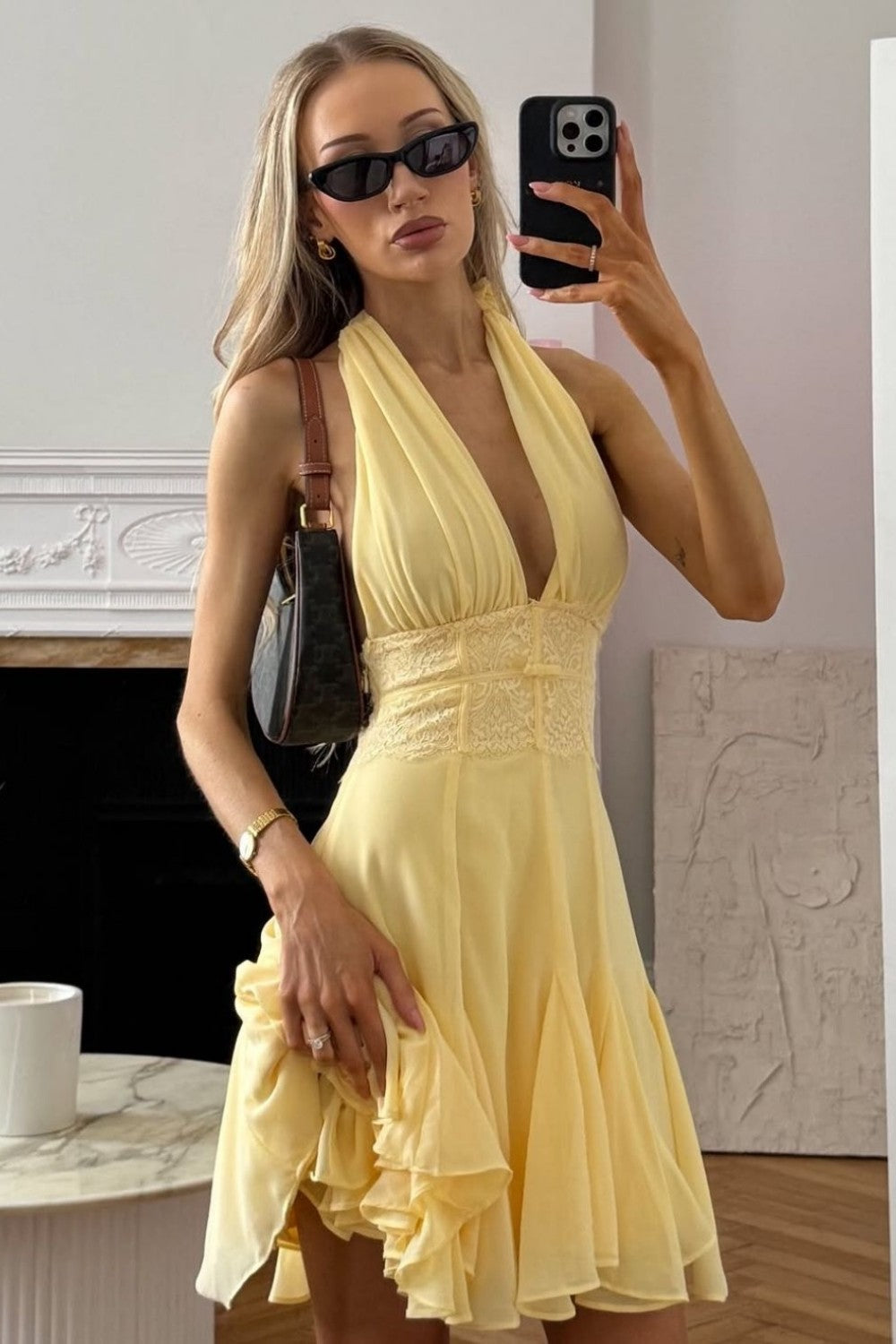 Elegant Soft Yellow Satin Halter Ruched A-Line Short Homecoming Dress