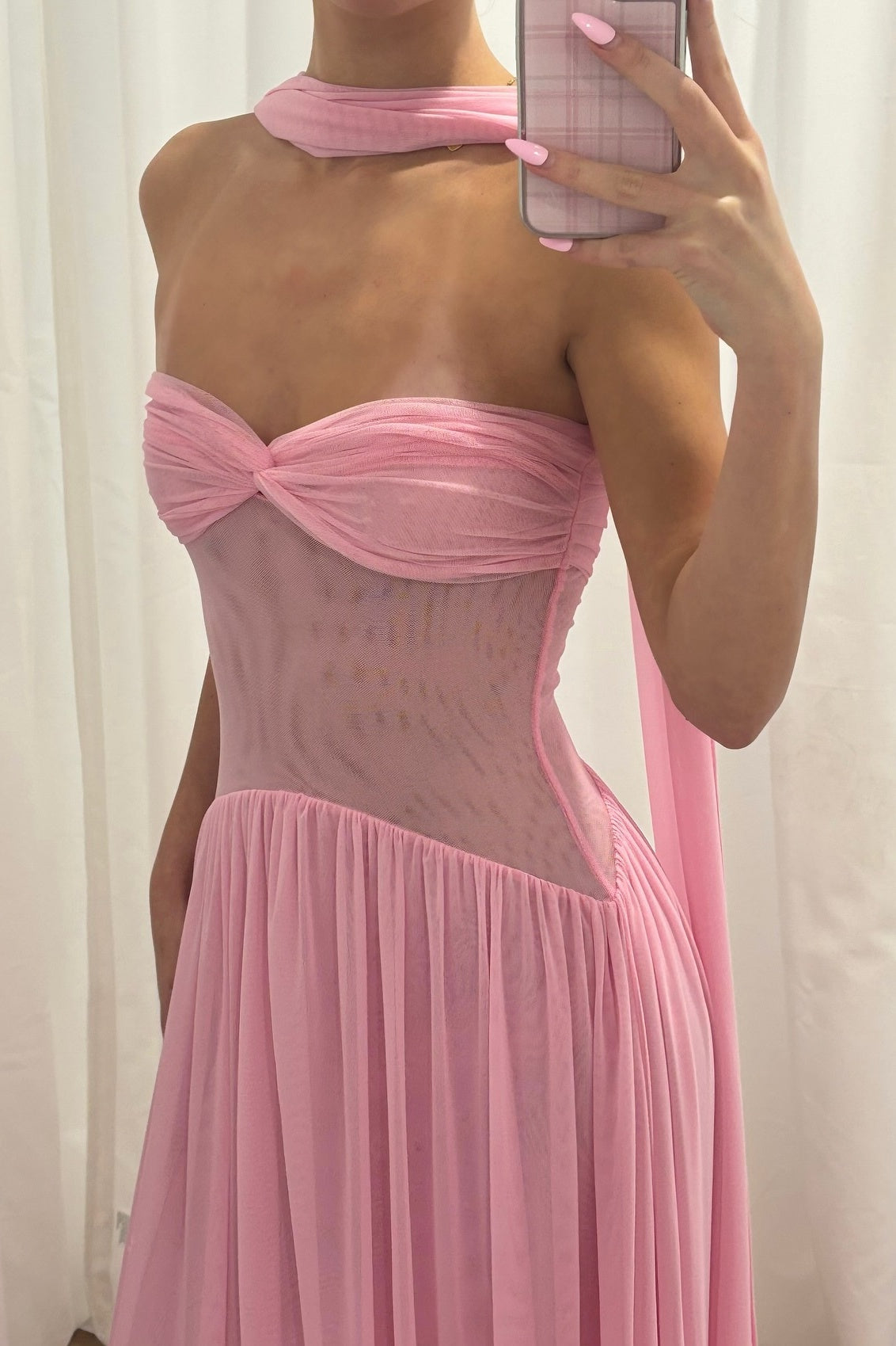 Elegant A Line Sweetheart Pink Long Party Dress with Ruffles Scarf - View 8 | VelvetHem