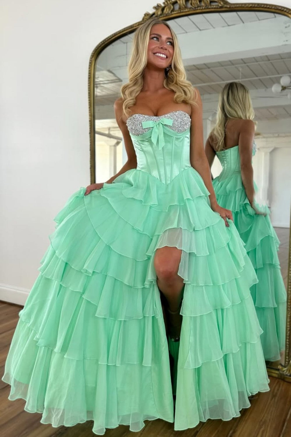 Princess A Line Sweetheart Pink Corset Prom Dress with Beading Ruffles - View 10 | VelvetHem