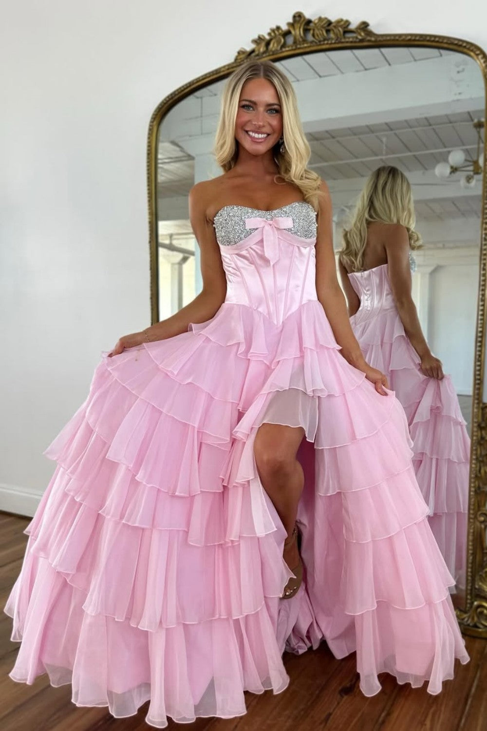 Princess A Line Sweetheart Pink Corset Prom Dress with Beading Ruffles - View 4 | VelvetHem