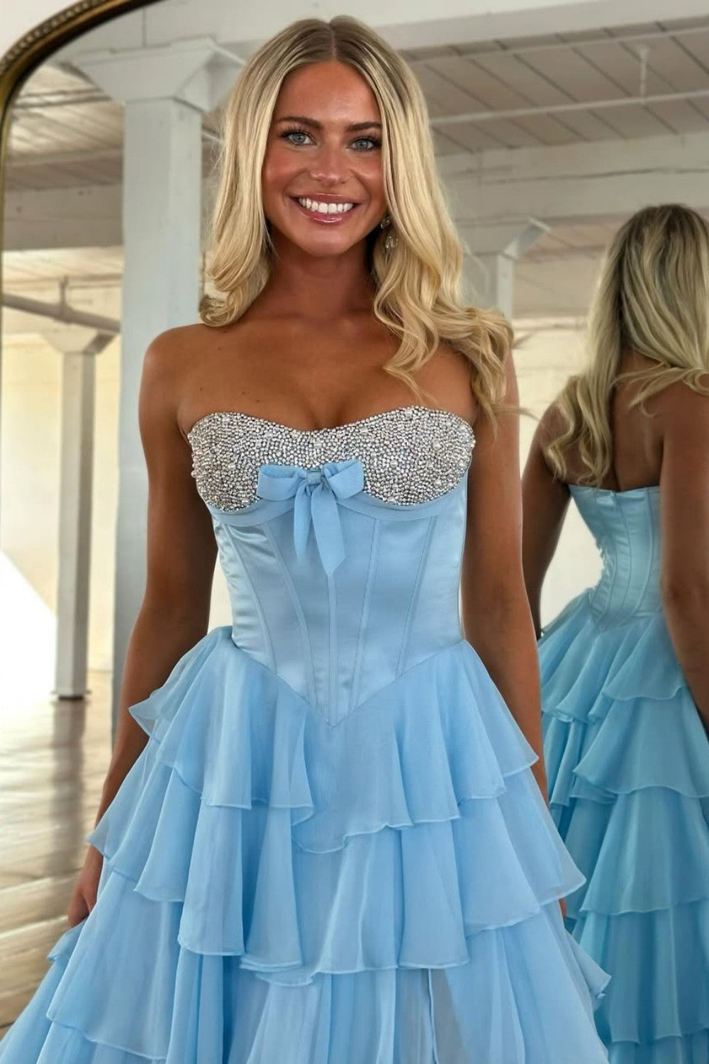 Princess A Line Sweetheart Pink Corset Prom Dress with Beading Ruffles - View 8 | VelvetHem