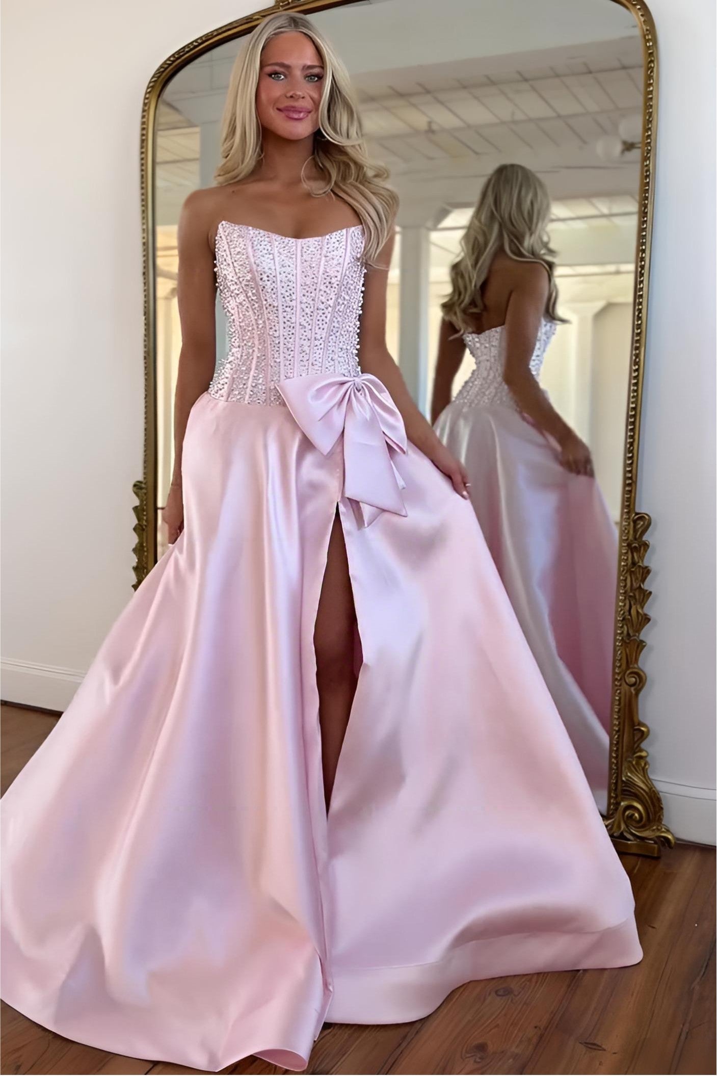 Charming A Line Strapless Yellow Satin Prom Dress with Beading Bowknot