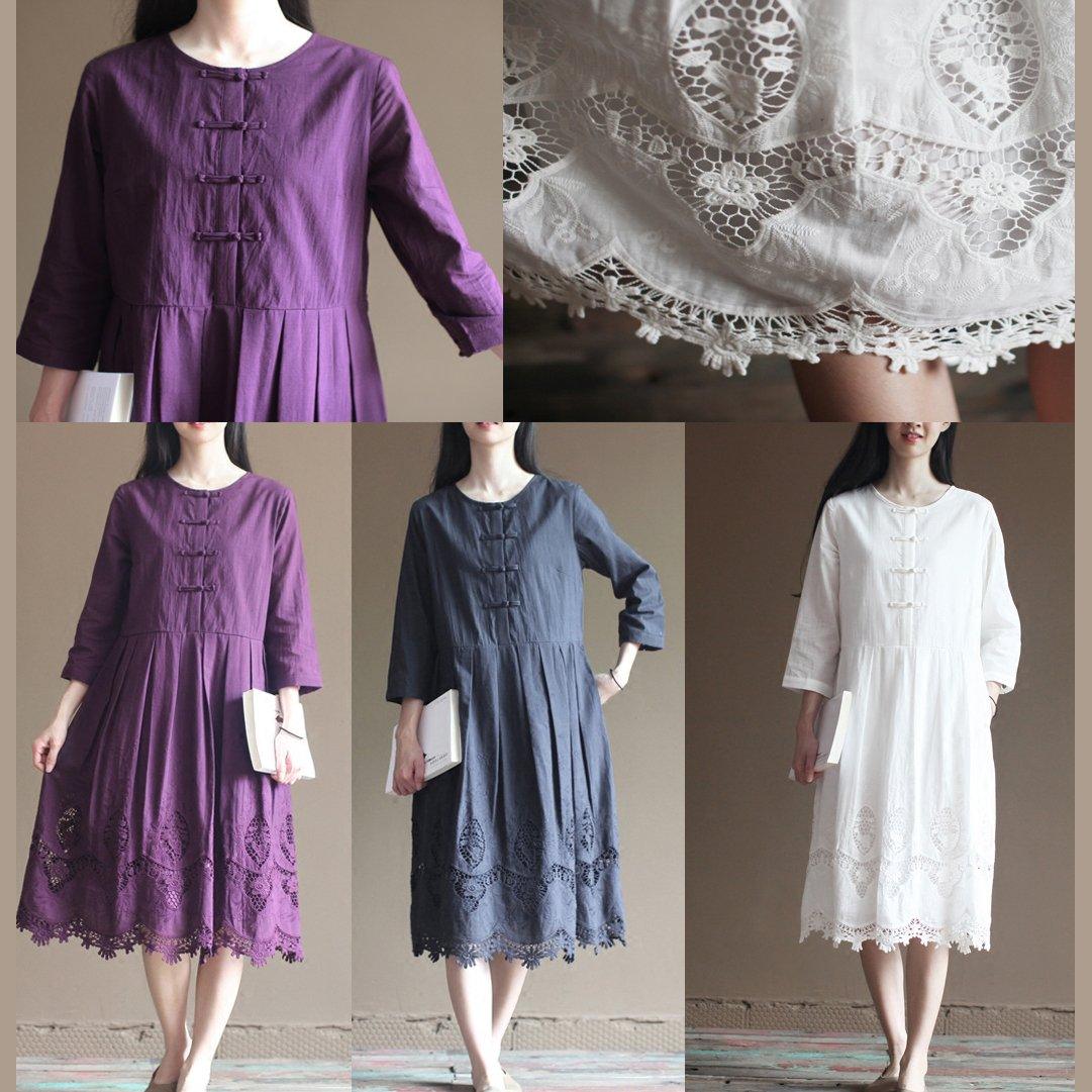 Elegant lace patchwrok white cotton dresses long sleeve maxi dress plus size cotton clothing