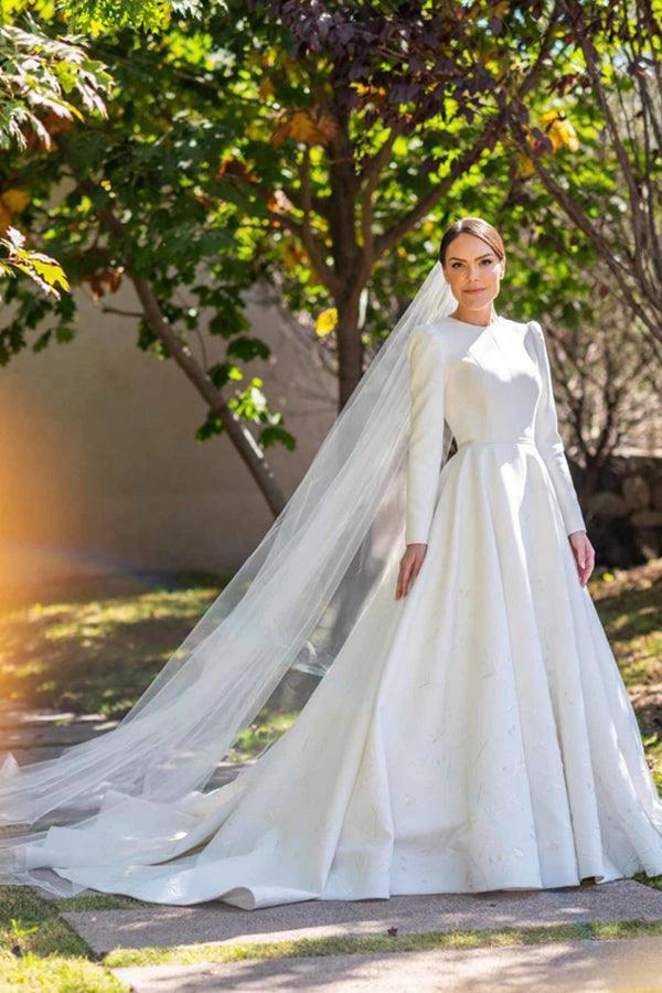 Embroidery A Line Ivory Satin Modest Long Sleeves Wedding Dresses (ZD16192)