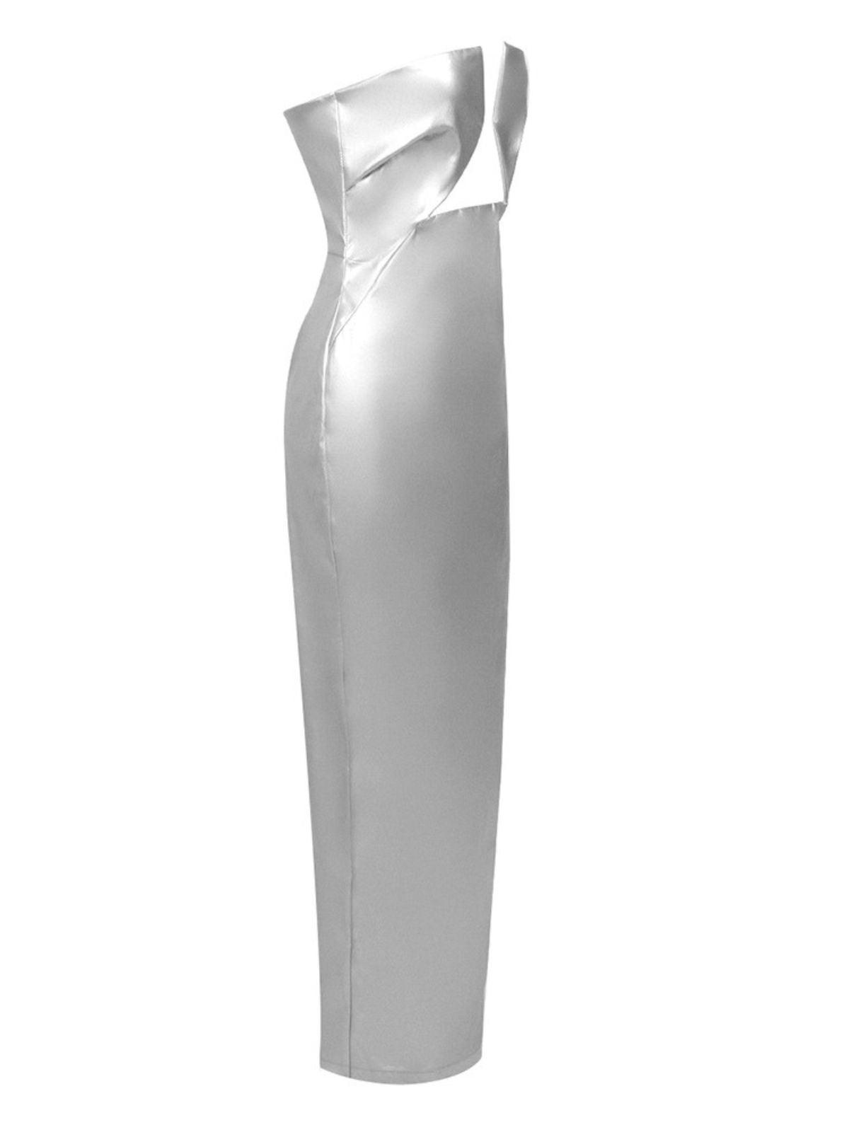Emer Strapless Leather Maxi Dress In Silver
