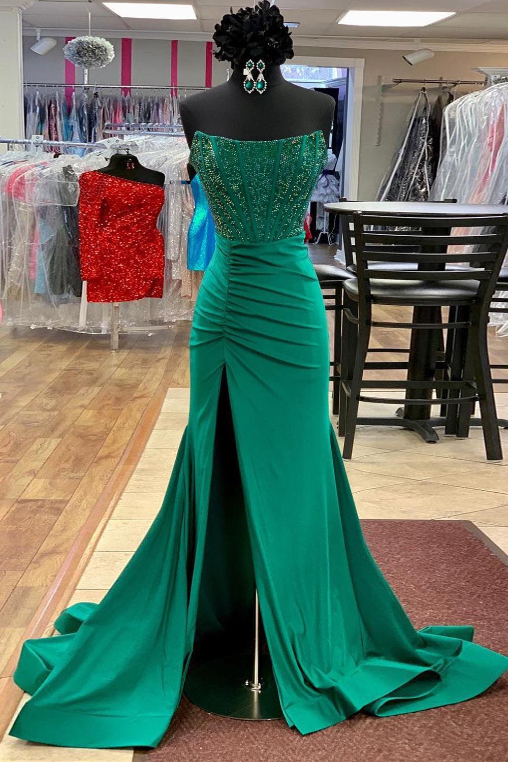 Red Prom Dress Beaded Corset Mermaid Long Formal Dress With Slit