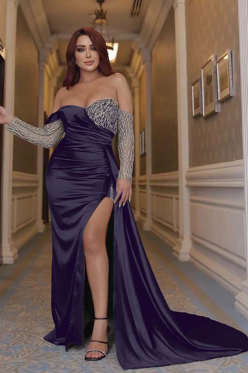 Emerald Green Prom Dress Off the Shoulder Long Sleeves Mermaid Evening Formal Dress With Beading Split