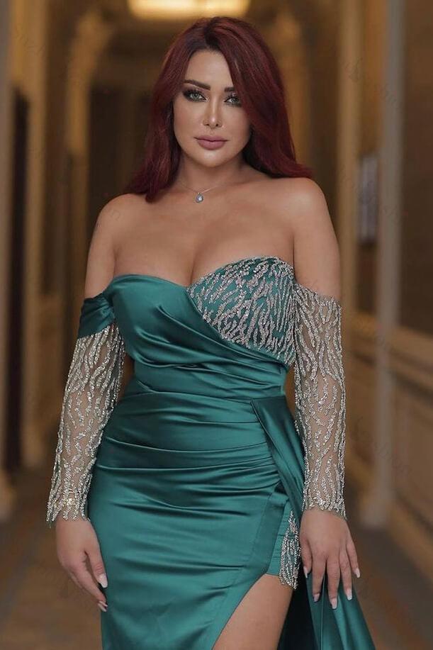 Emerald Green Prom Dress Off the Shoulder Long Sleeves Mermaid Evening Formal Dress With Beading Split