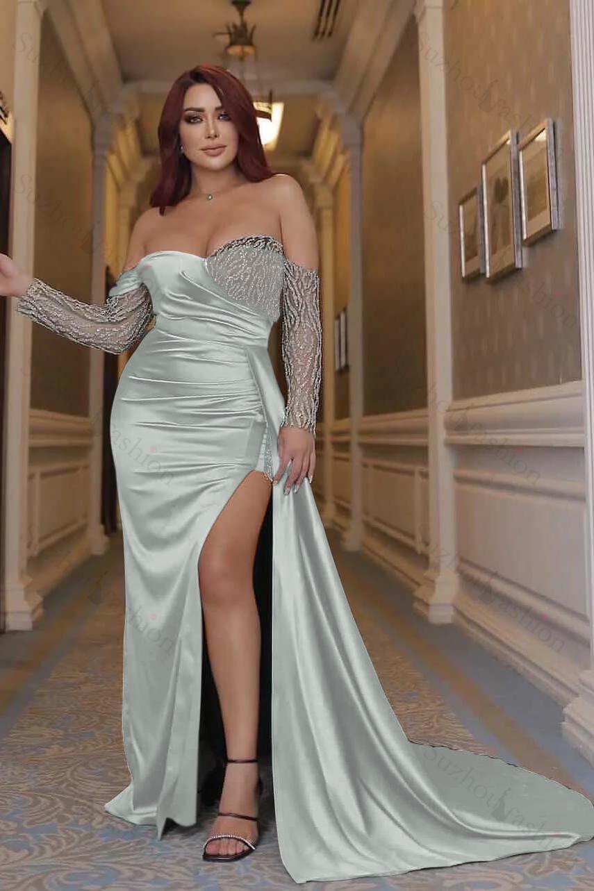 Emerald Green Prom Dress Off the Shoulder Long Sleeves Mermaid Evening Formal Dress With Beading Split