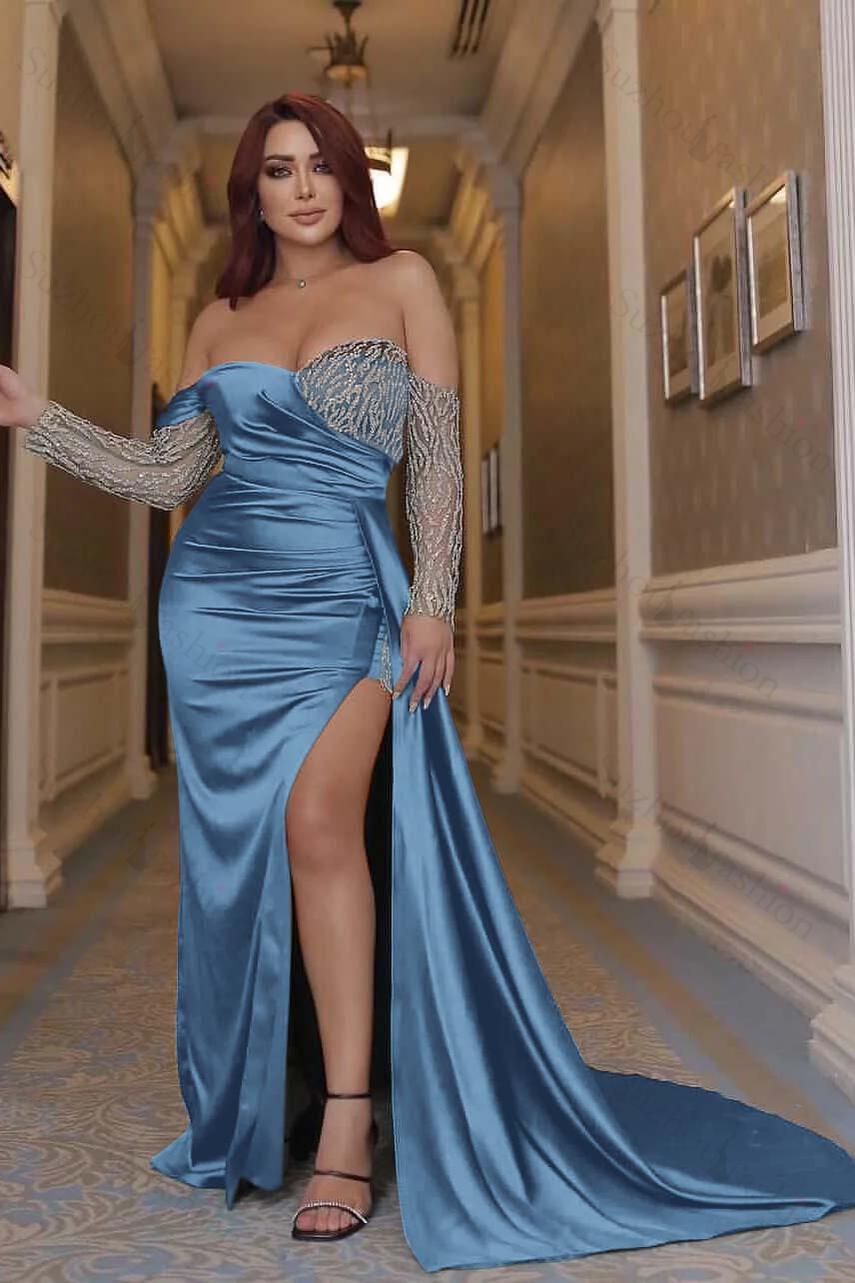 Emerald Green Prom Dress Off the Shoulder Long Sleeves Mermaid Evening Formal Dress With Beading Split