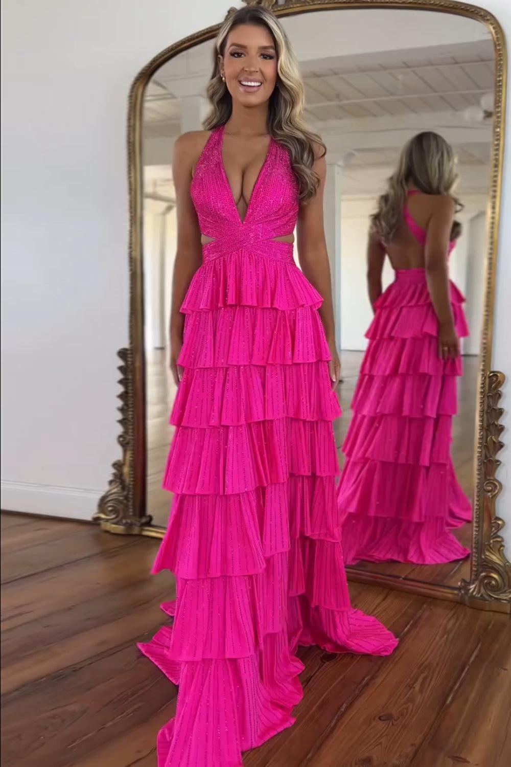 Emerald Green Prom Dress Tiered A-Line Halter Long Formal Dress With Slit