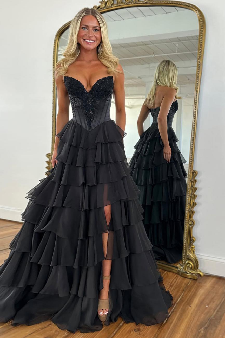 Suzhoufashion Emerald Green Sweetheart Corset Prom Dress With Tiered Ruffles And High Slit Formal Evening Gown