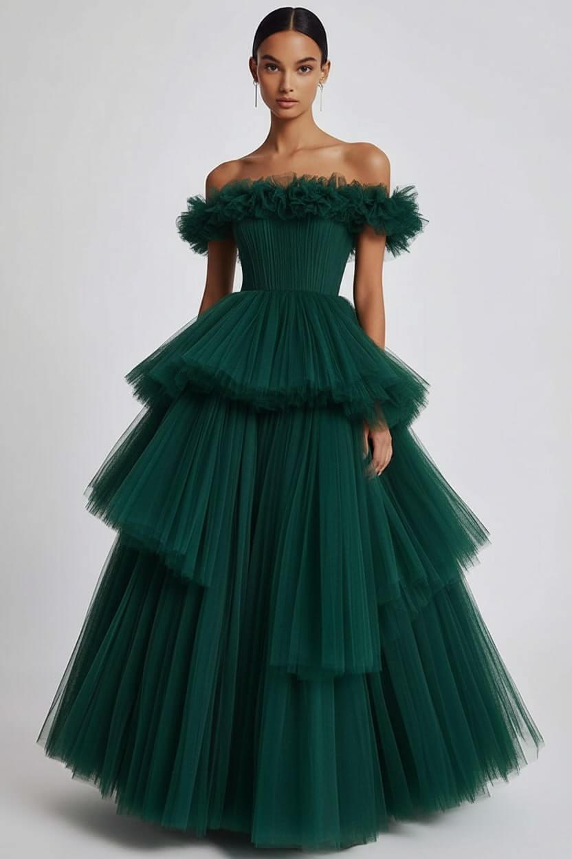 Dusty Sage Prom Dress Tulle Off The Shoulder Ball Gown Formal Dress With Ruffles