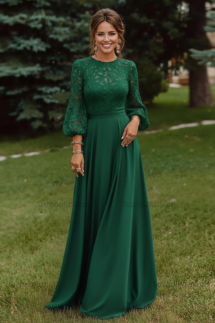 Lace Dusty Rose Puff Sleeves A Line Floor Length Mother Of The Bride Dress