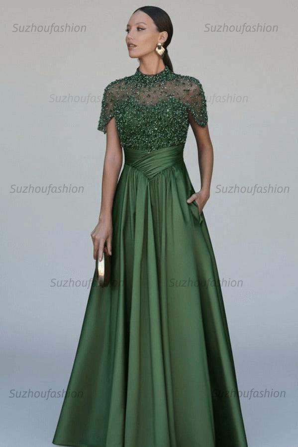 High Neck Short Sleeves Long Evening Formal Dress With Beading Pockets