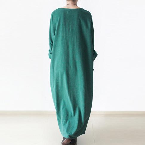 Emerald green plus size linen dresses long sleeve cotton dress