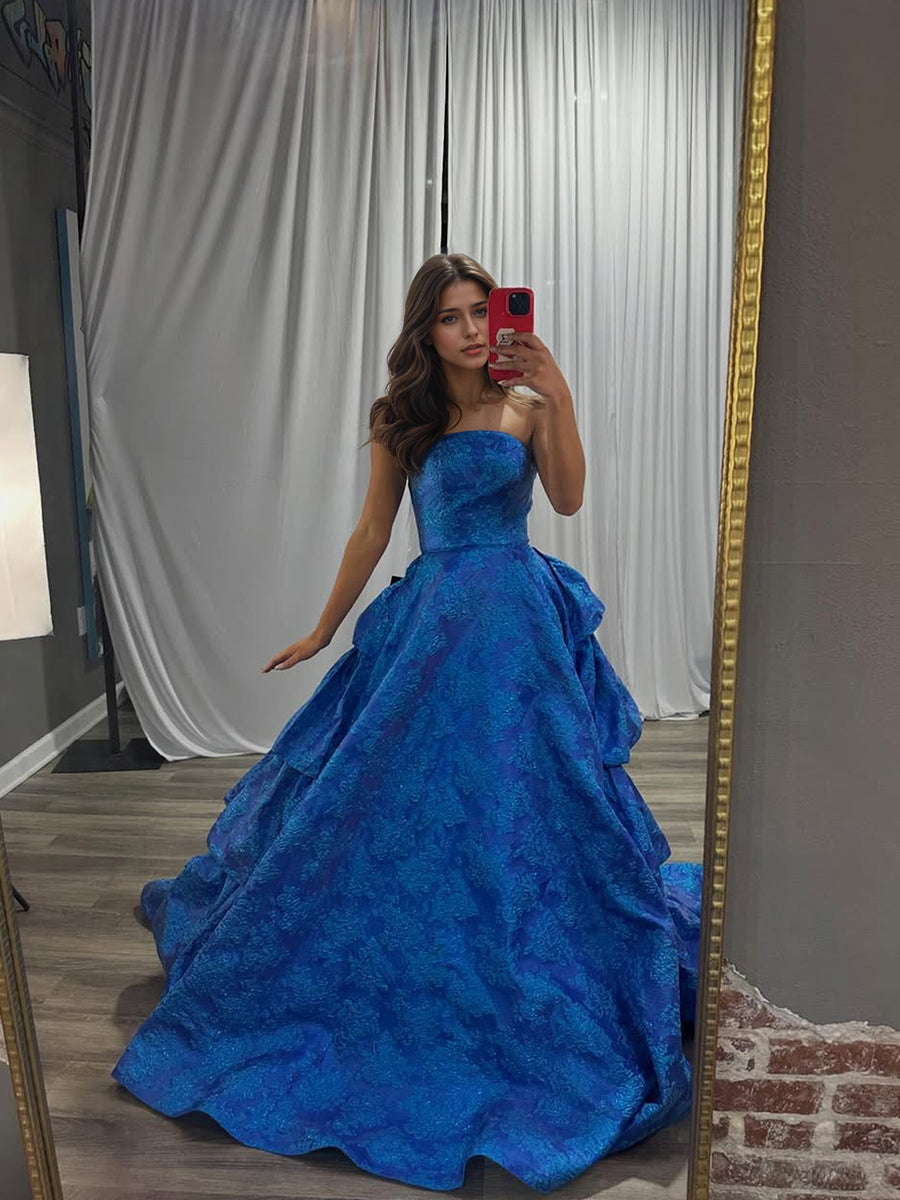 Ethereal Dark Blue Glitter Tulle Prom Dress with Floral Embroidery - VelvetHem