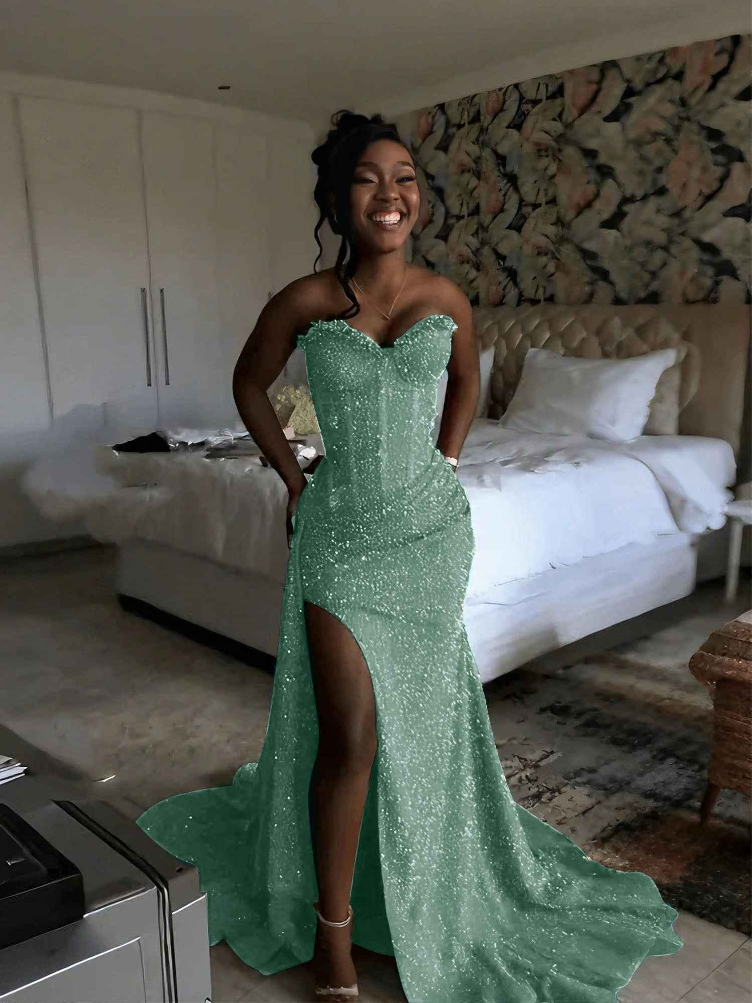 Glitter Strapless Mermaid Sequined Long Prom Dress with Slit (ZD17399)