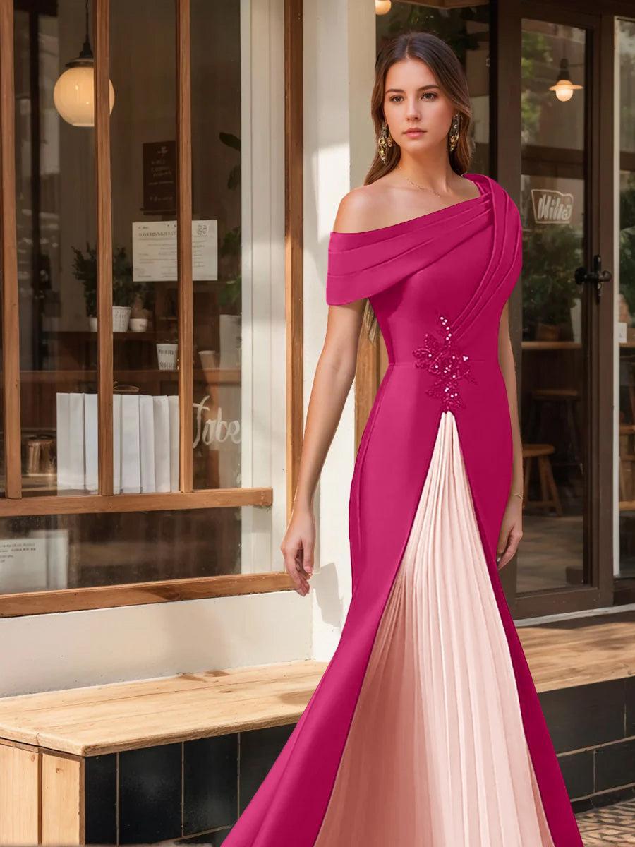 Evening Dress with Ruffles & Appliques in Trumpet Mermaid Style and Short One Shoulder Sleeves