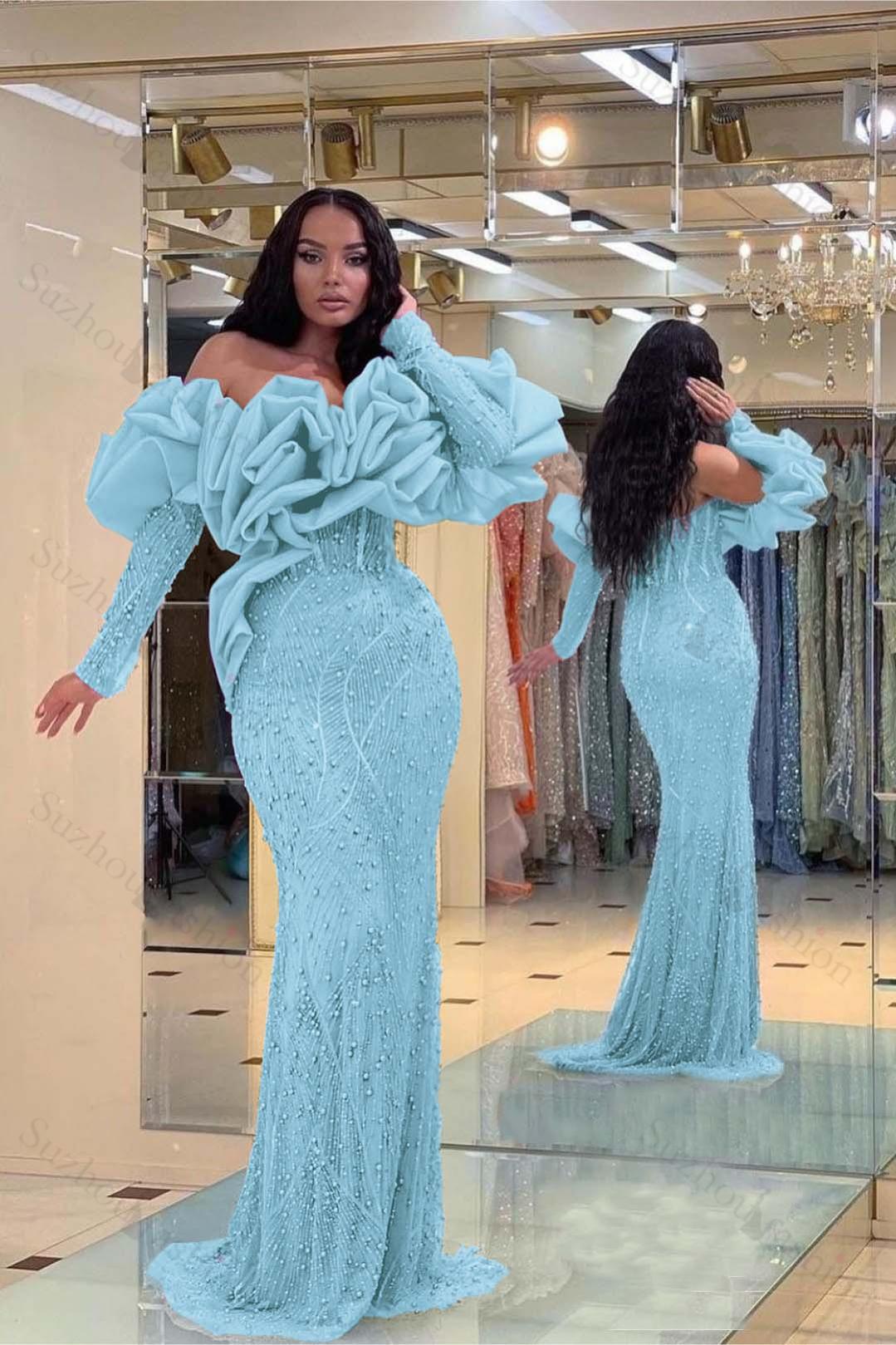 Evening Formal Dress Purple Prom Dress Bubble Sleeves Long Strapless Sequined Beading