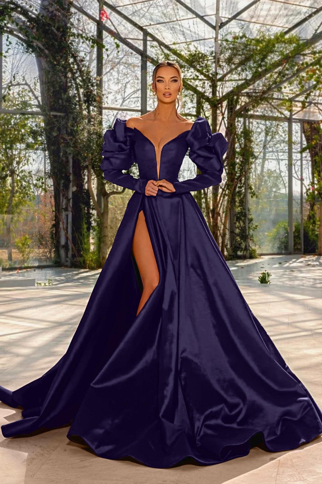 Evening Formal Dress Red Prom Dress V Neck Bubble Long Sleeves With High Split
