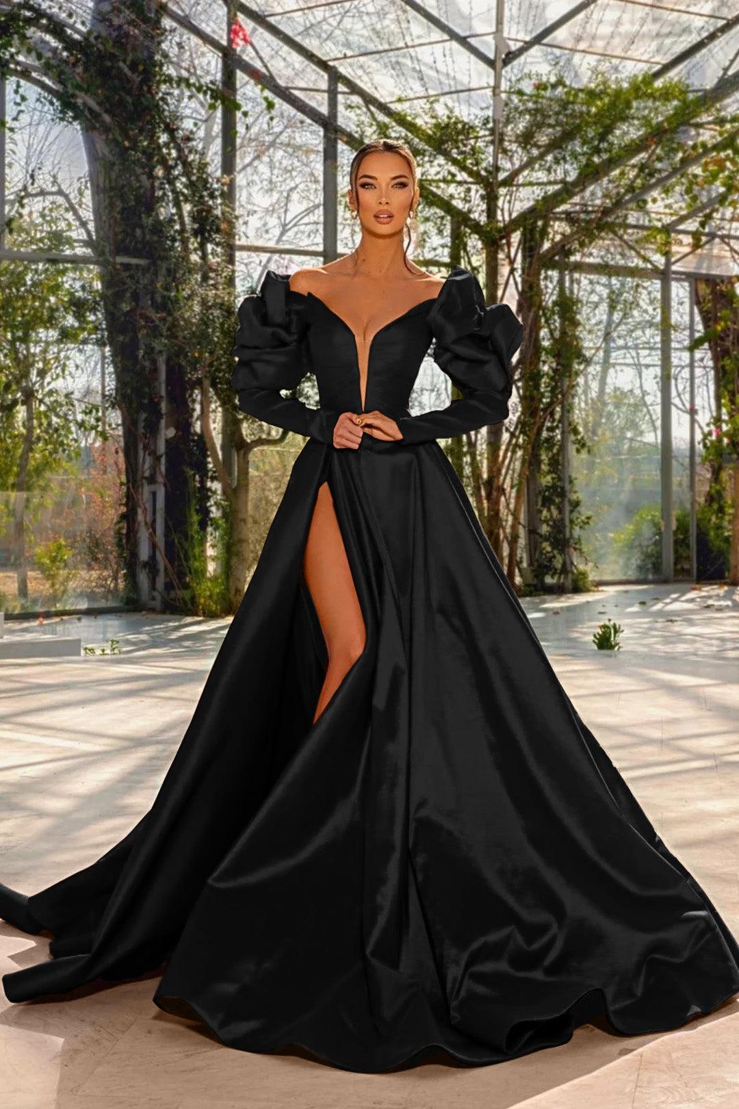 Evening Formal Dress Red Prom Dress V Neck Bubble Long Sleeves With High Split
