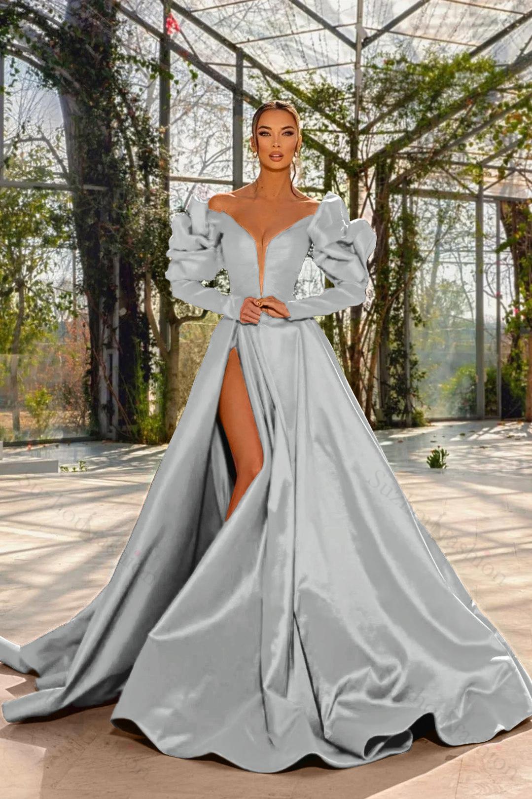 Evening Formal Dress Red Prom Dress V Neck Bubble Long Sleeves With High Split