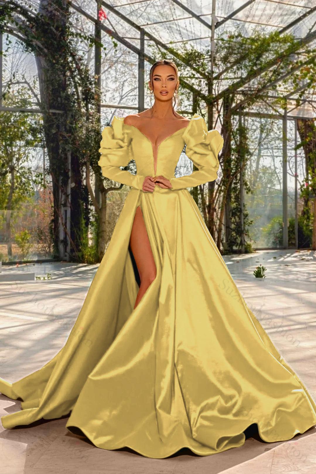Evening Formal Dress Red Prom Dress V Neck Bubble Long Sleeves With High Split