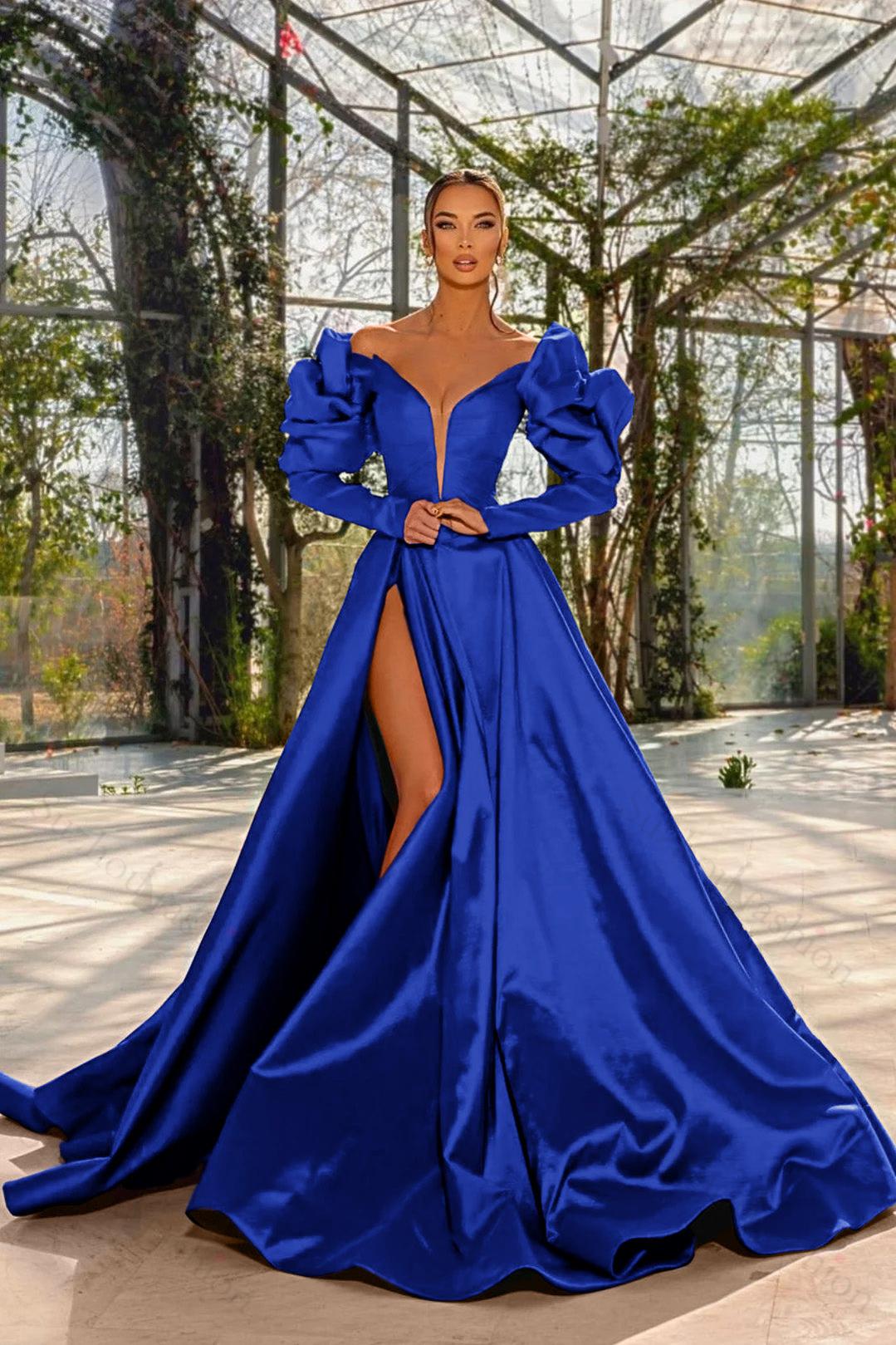 Evening Formal Dress Red Prom Dress V Neck Bubble Long Sleeves With High Split