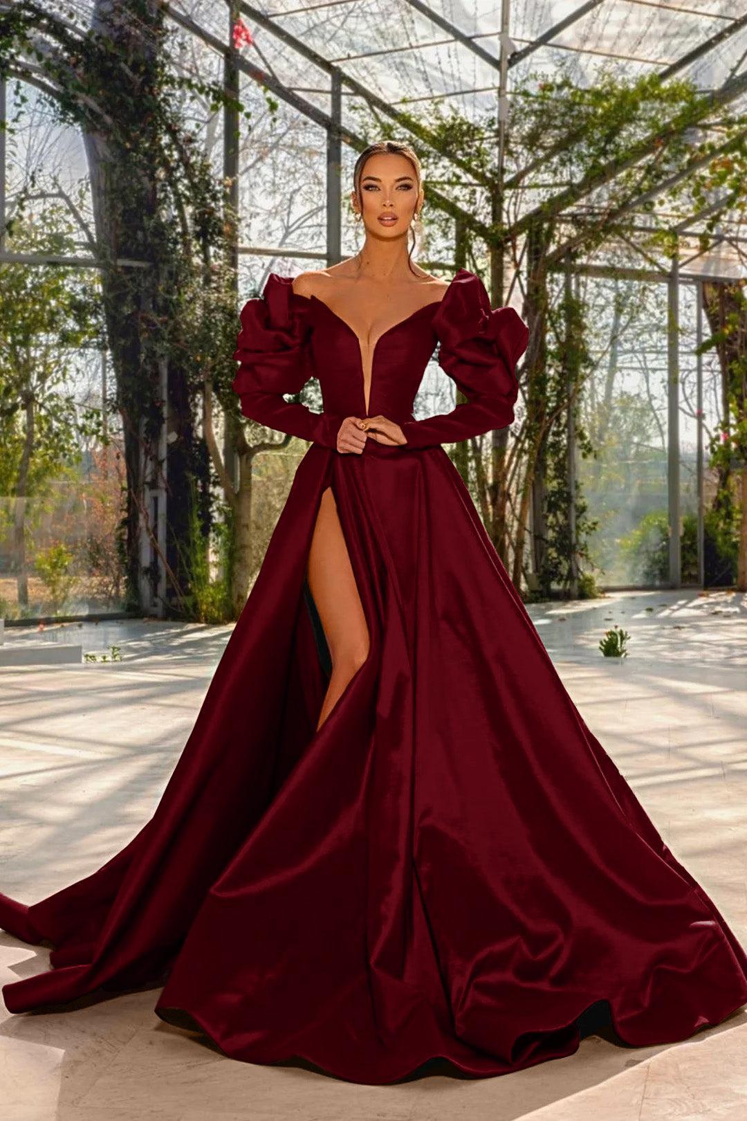 Evening Formal Dress Red Prom Dress V Neck Bubble Long Sleeves With High Split