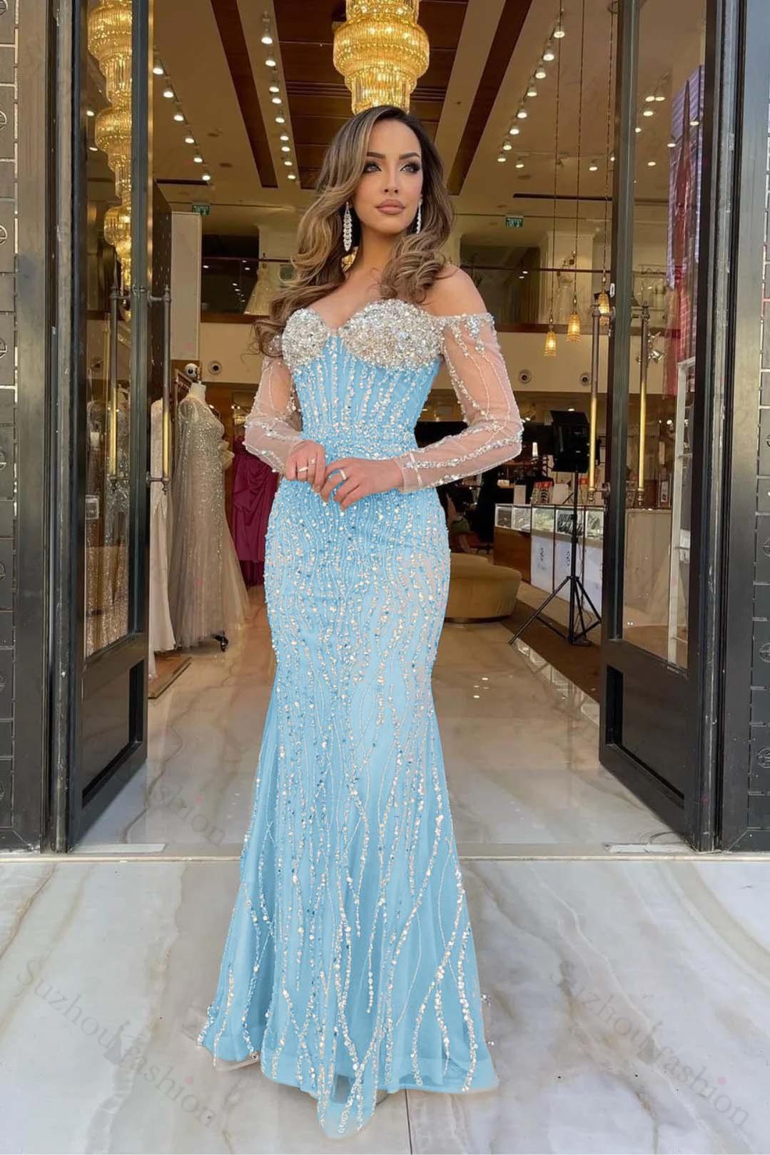 Evening Formal Dress Sweetheart Long Sleeves Strapless Beading Long Tulle