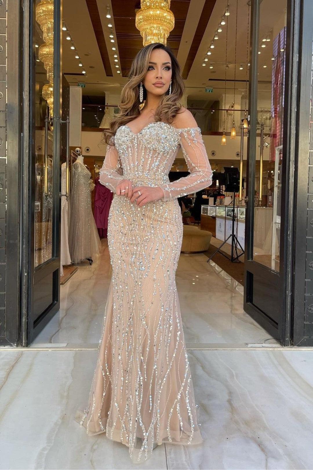 Evening Formal Dress Sweetheart Long Sleeves Strapless Beading Long Tulle