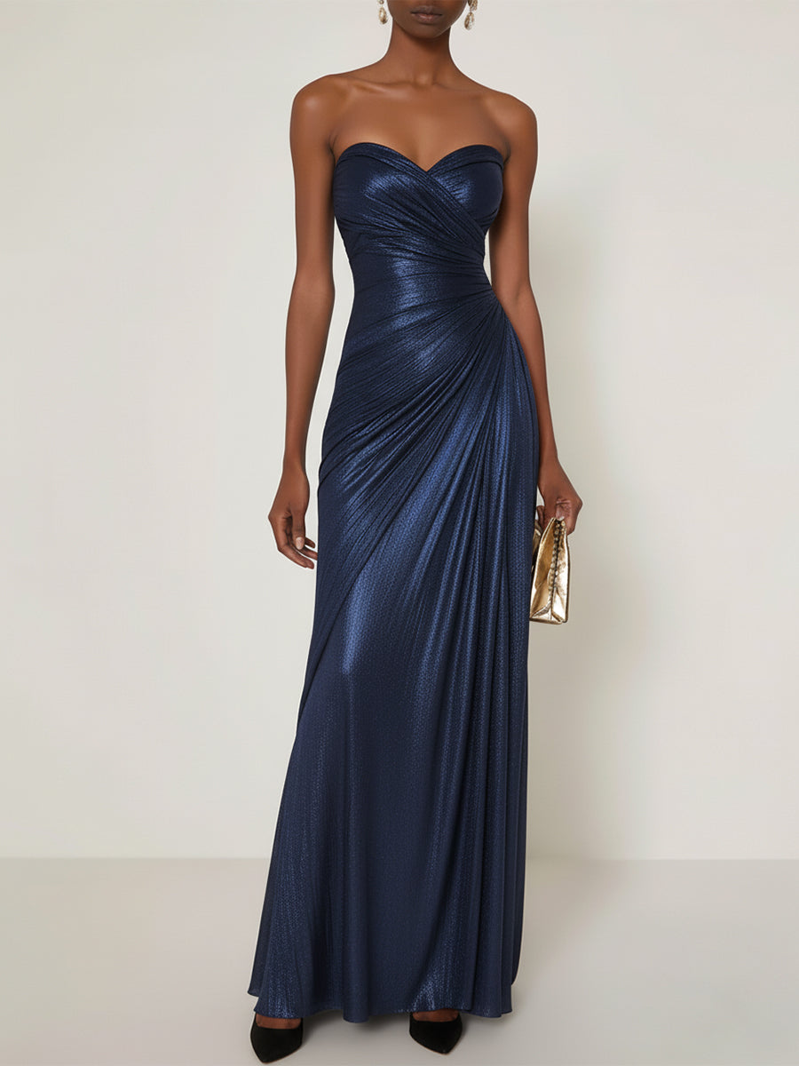 Evening Formal Dress V Neck Silver Silk Ruffles Strapless Maxi Dress - VelvetHem