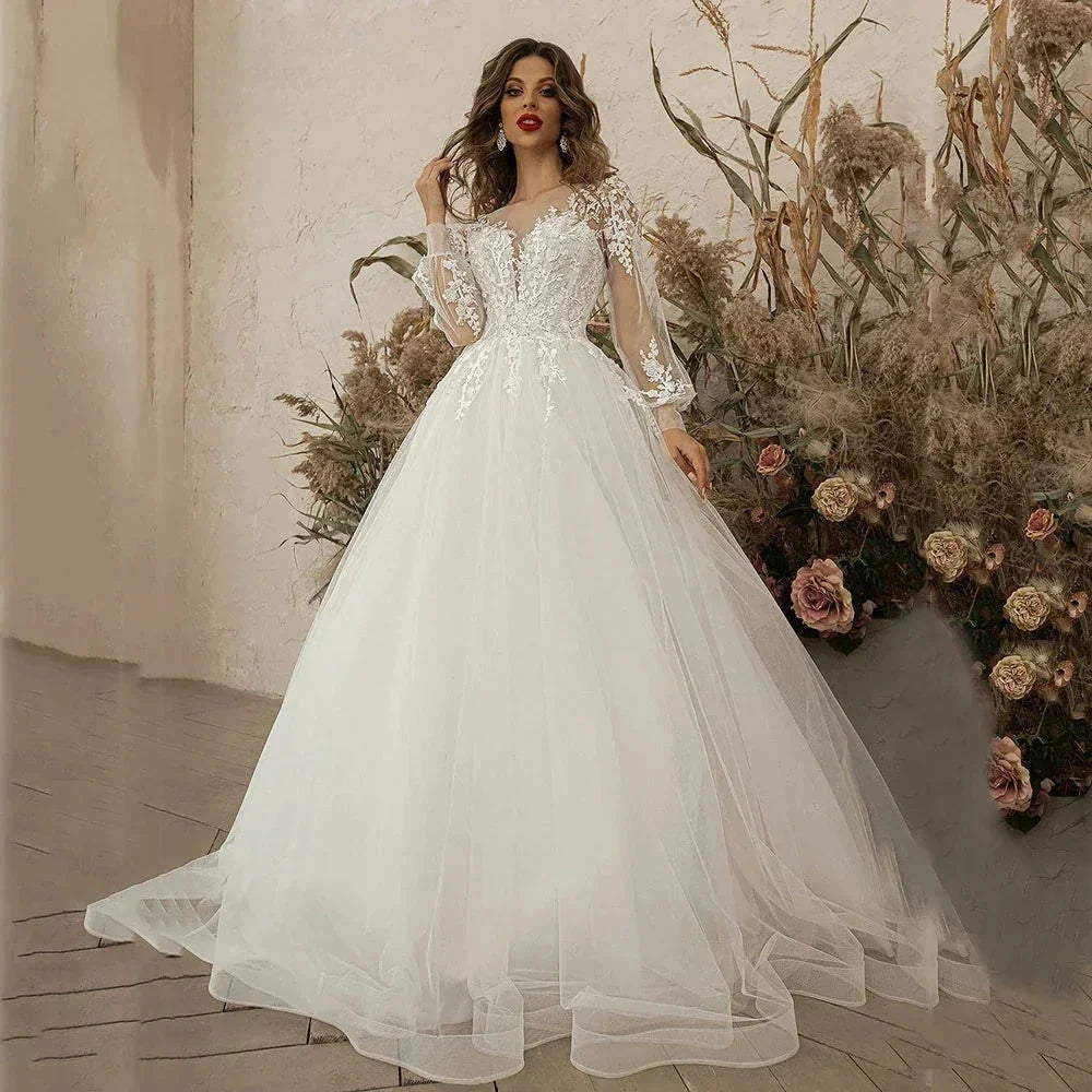 Exquisite Ivory Wedding Dresses Long Sleeve Appliques Lace 3D Flowers Modern Tulle Boho Bride Gown vestidos de novia Beach (ZD13345) - VelvetHem