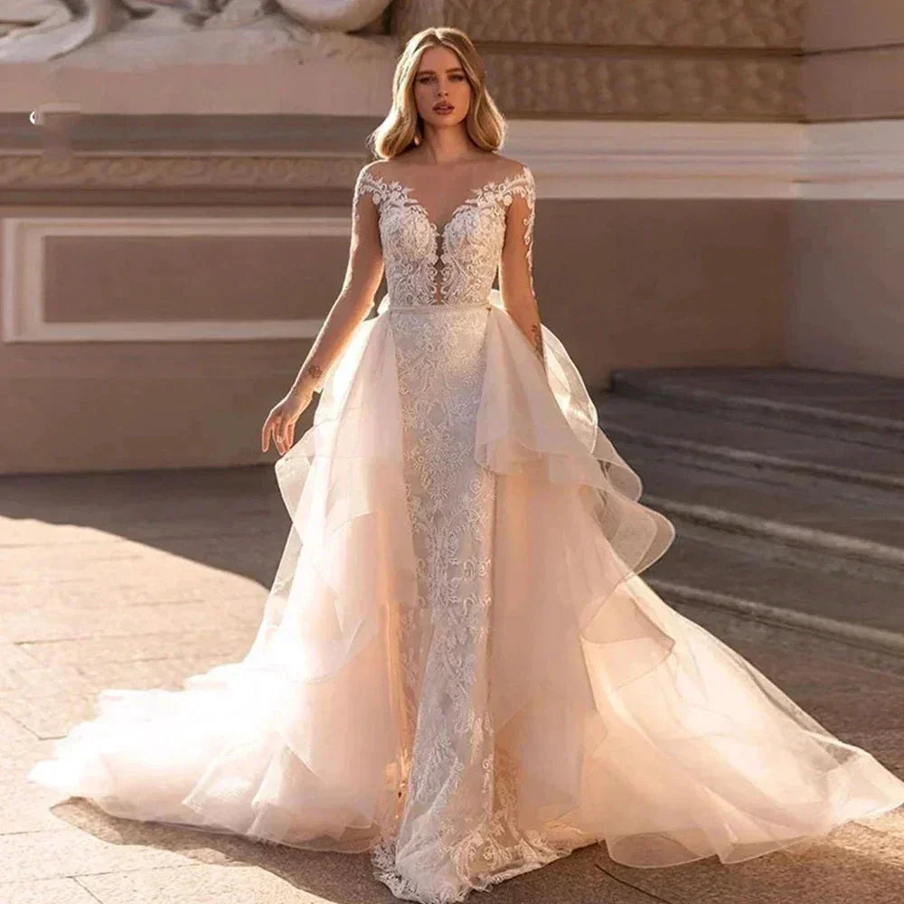 Exquisite Lace Mermaid Mopping Wedding Dresses New V-Neck Tulle Bridal Gown For Women With For Women Made Robe Customize (ZD14240) - VelvetHem