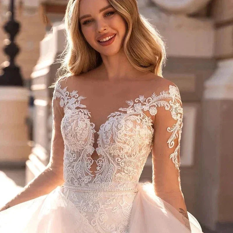 Exquisite Lace Mermaid Mopping Wedding Dresses New V-Neck Tulle Bridal Gown For Women With For Women Made Robe Customize (ZD14240)
