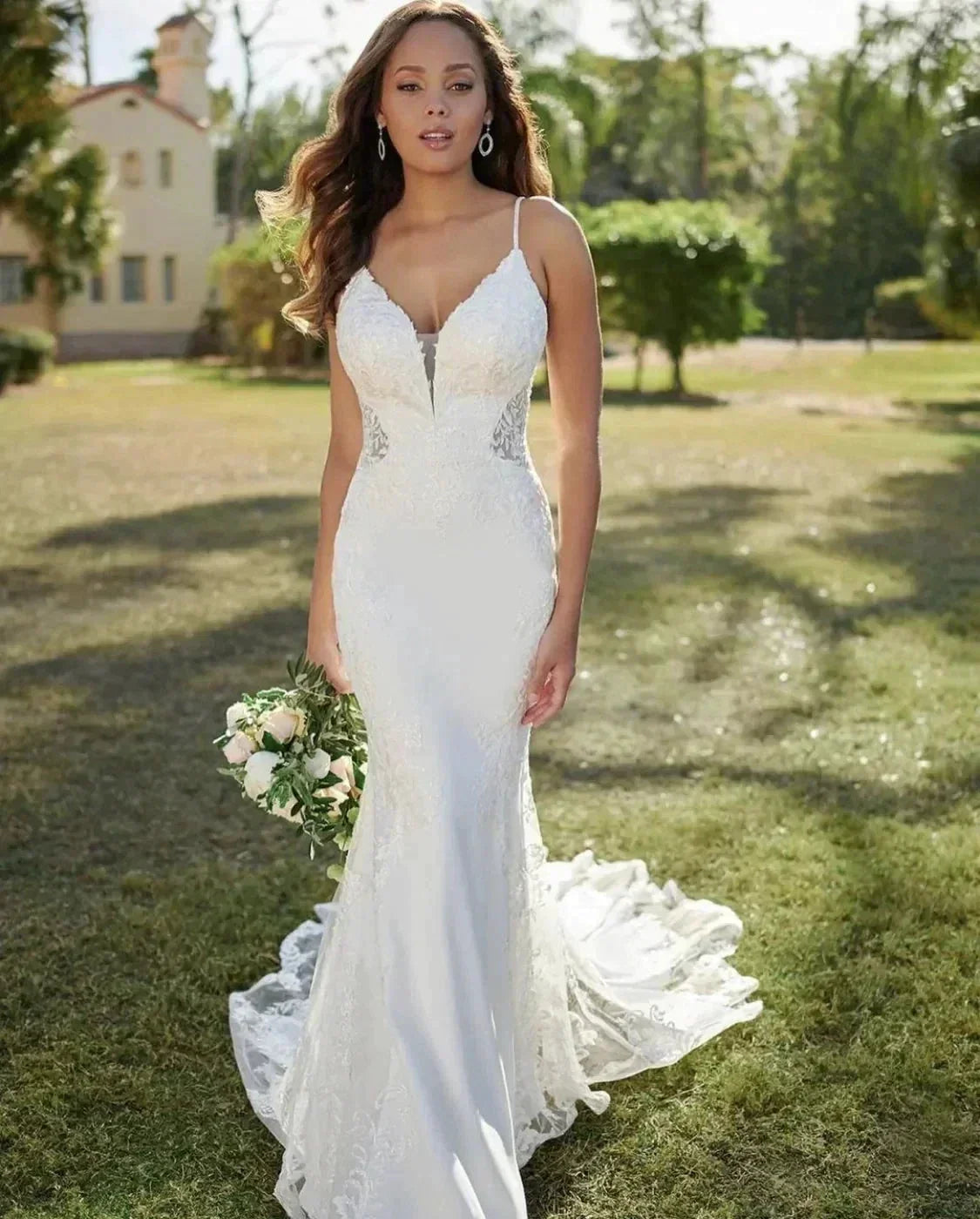 Exquisite Sexy Backless Wedding Dresses Sleeveless Lace Flower Mermaid Vintage Ball Gowns Formal V Neck Woman's Beach Party Gala (ZD14264) - VelvetHem