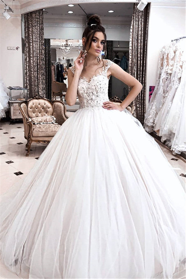 Exquisite Spaghetti-straps Lace Wedding Dresses | Appliques Puffy Tulle Princess Bridal Dresses