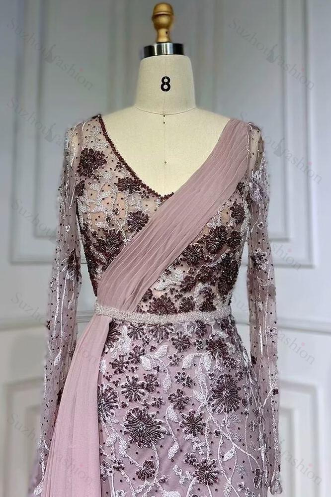 Exquisite V Neck Prom Dress Long Sleeves Appliques Bead Embroidery Evening Formal Dress