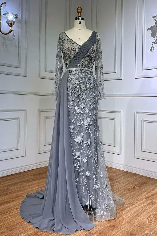 Exquisite V Neck Prom Dress Long Sleeves Appliques Bead Embroidery Evening Formal Dress