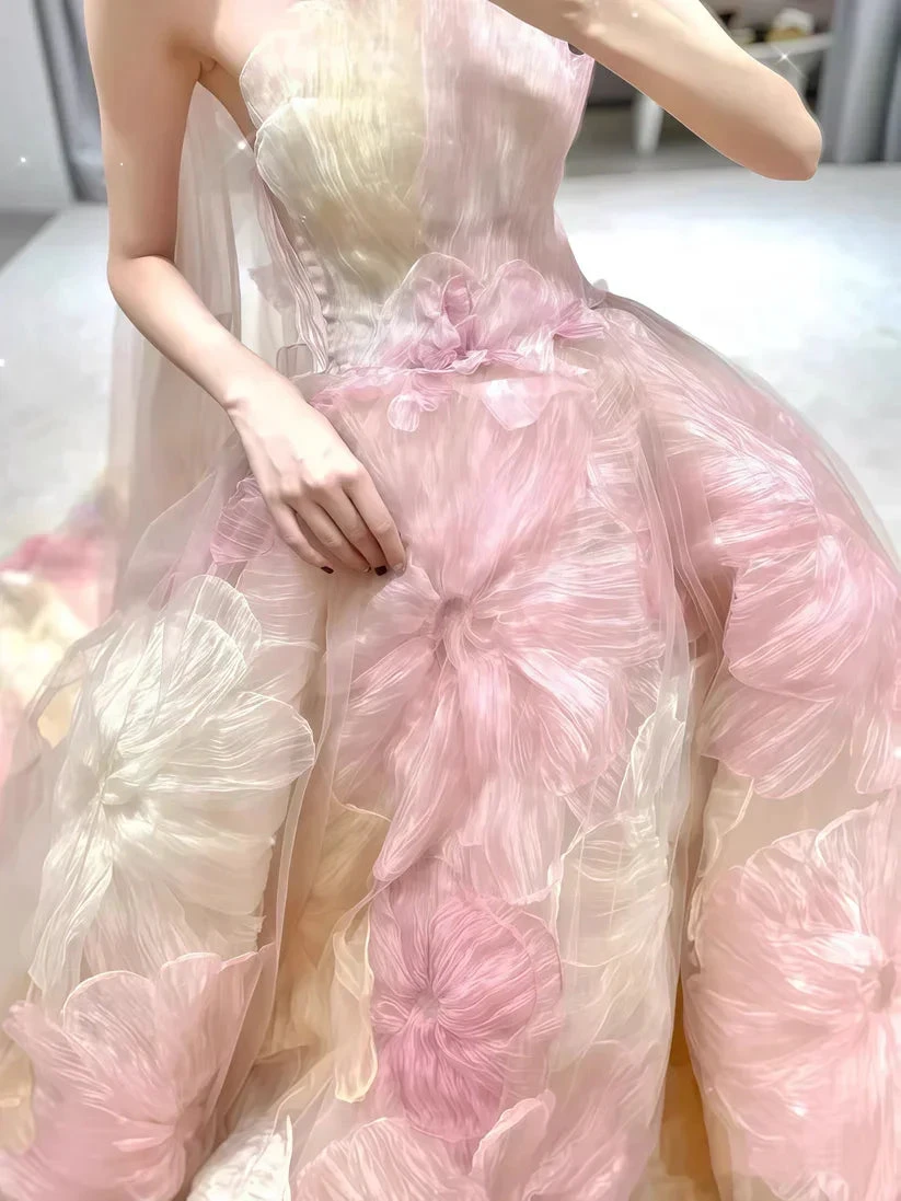 Dream Princess Floral Ball Gown, Strapless A-line Evening Prom Dress,Wedding Dress (ZD13743)