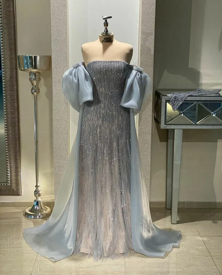 Dusty Blue Tulle Prom Dresses Strapless Floor Length Special Occasion Evening Dress Y4910 - VelvetHem