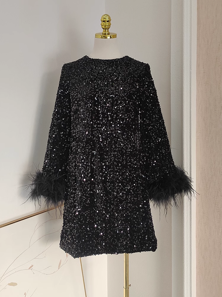 Cute A line Scoop Black Travel Vacation Dresses Short Sequin Birthday Dress