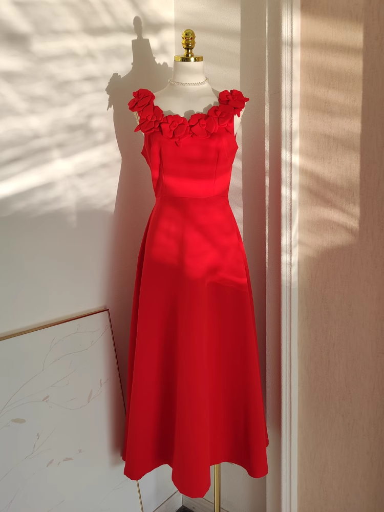 Sexy A line Scoop Neckline Red Travel Vacation Dresses Satin Birthday Dress - VelvetHem