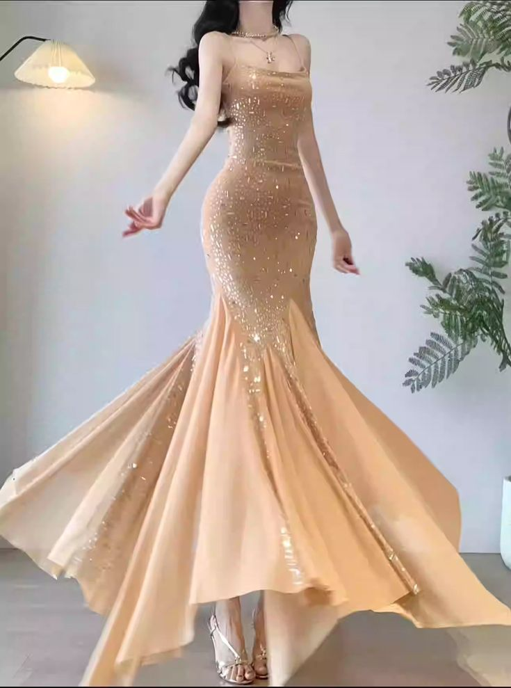 Sexy Black Rhinestone Mermaid Prom Dress Spaghetti Straps Chiffon Evening Dress - View 2 | VelvetHem