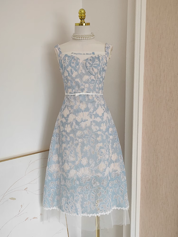 Simple A line Straps Sleeveless Blue Lace Party Dress Holiday Birthday Dresses For Women