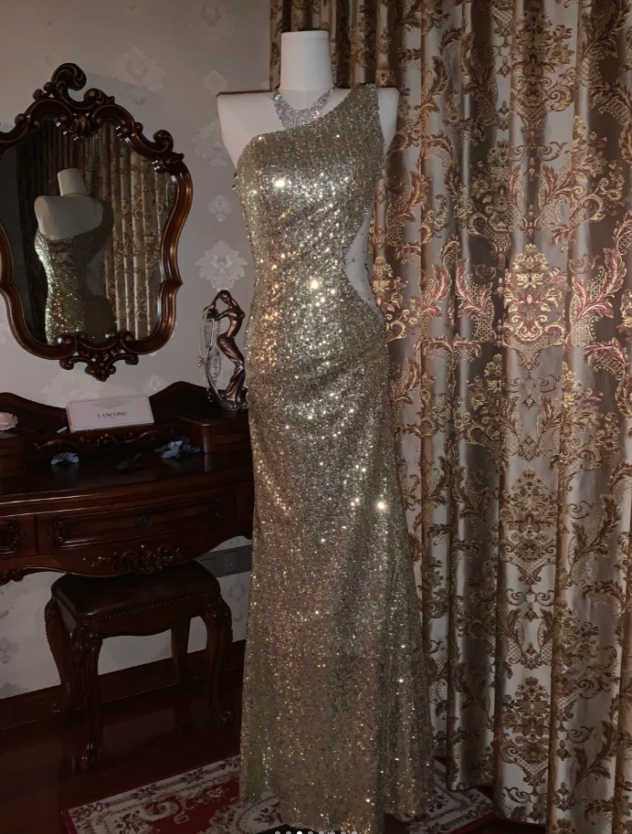 Sparkly Gold One Shoulder Sequin Mermaid Evening Dress Long Party Gown - View 3 | VelvetHem