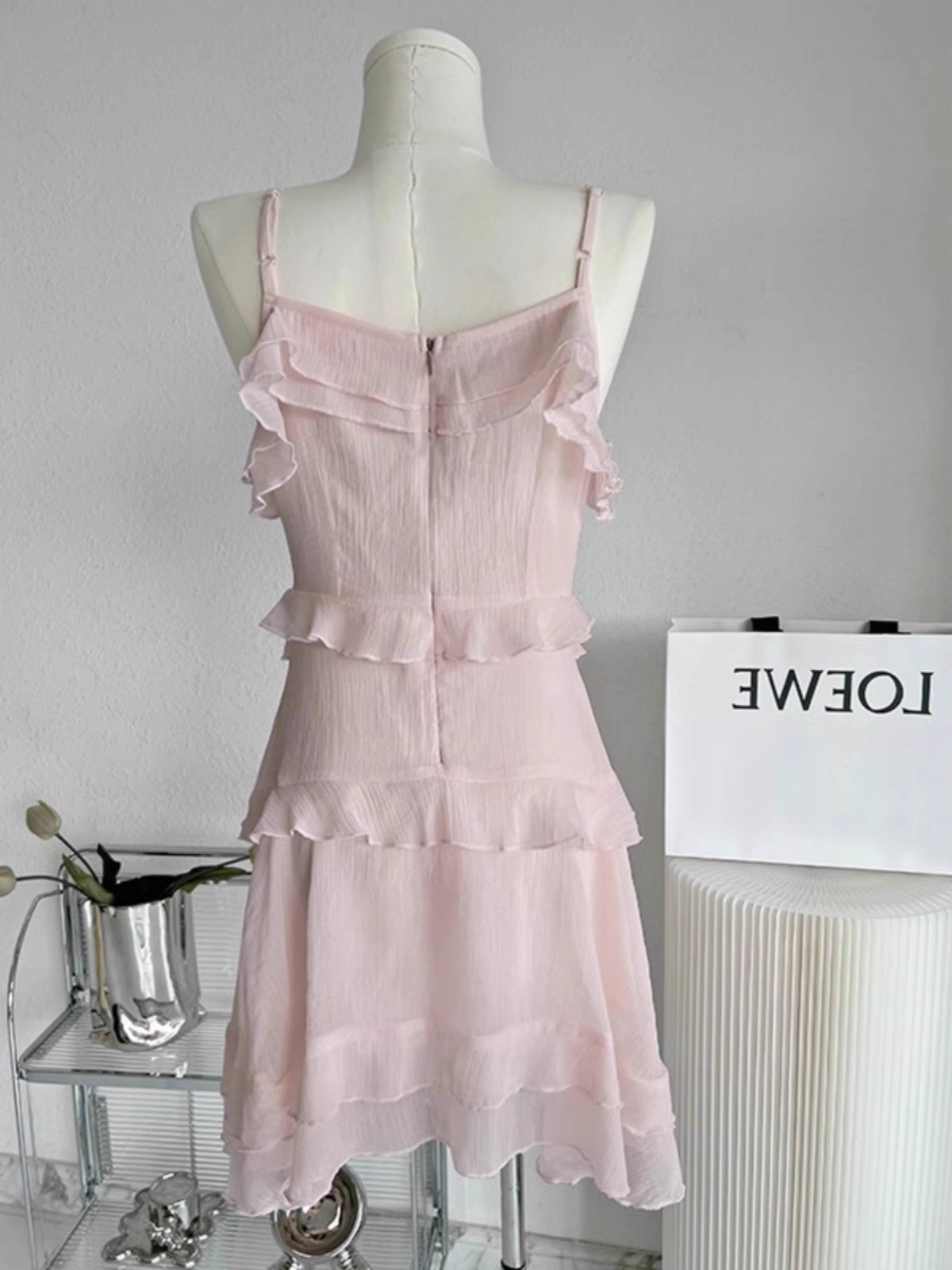 Sexy A Line Straps Ruffled Chiffon Pink Short Women's Holiday Dresses